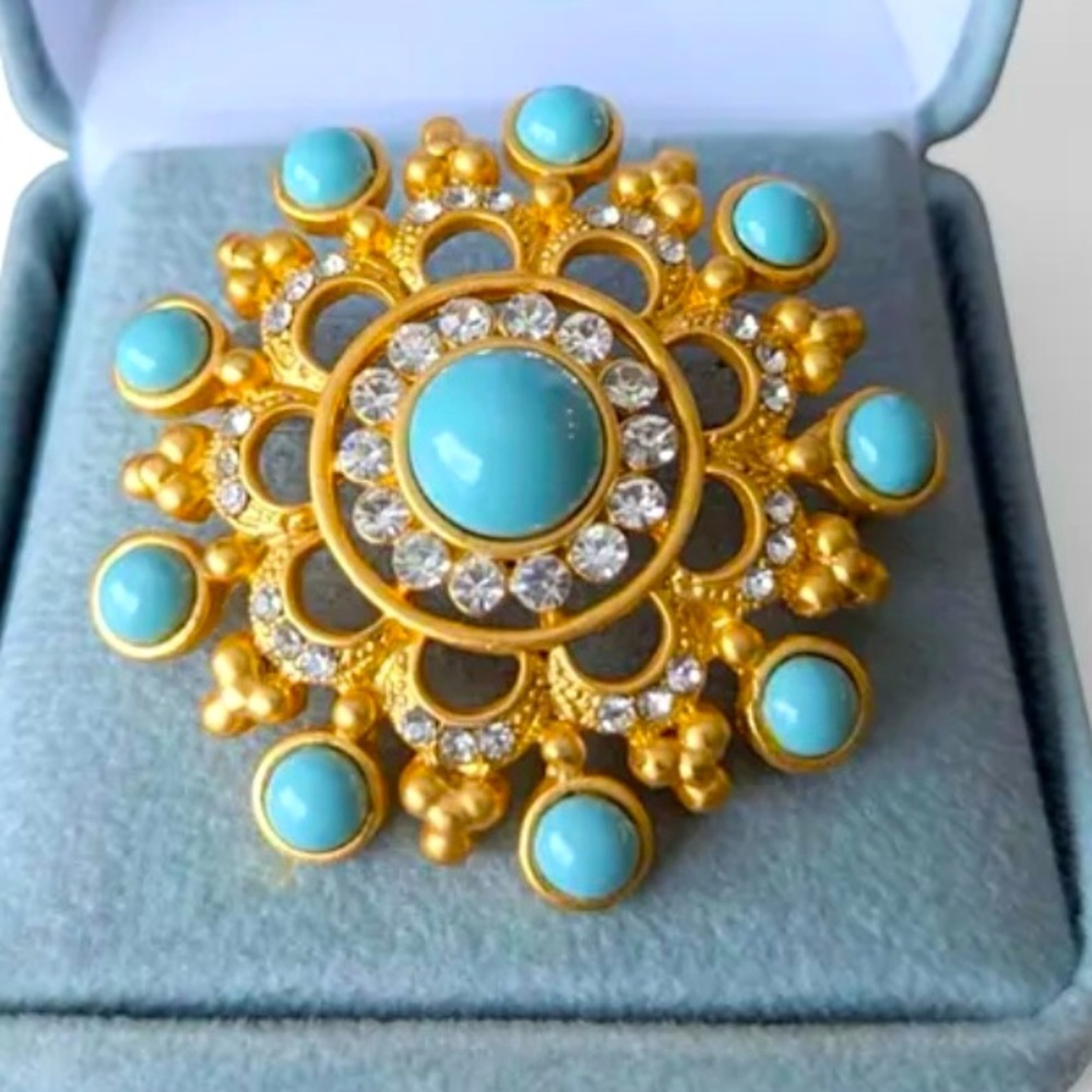 Brooch Etruscan Revival Matte Gold Tone Turquoise Crystal Rhinestone Gorgeous